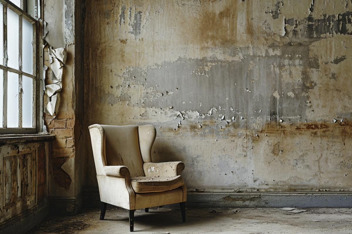 Une pièce abandonnée avec une chaise devant une fenêtre.