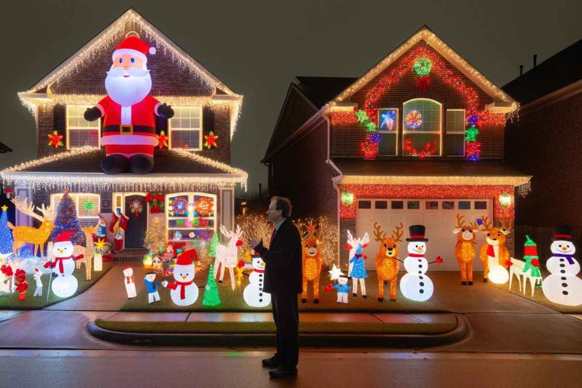 Un homme se tient devant une maison décorée de lumières de Noël.