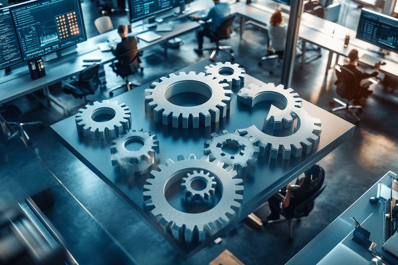 Grands engrenages métalliques sur table avec espace de travail numérique