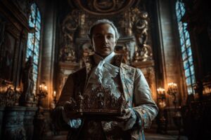 Noble en costume d'époque tenant une couronne précieuse