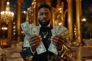 Homme à la mode montrant de l'argent dans un décor luxueux