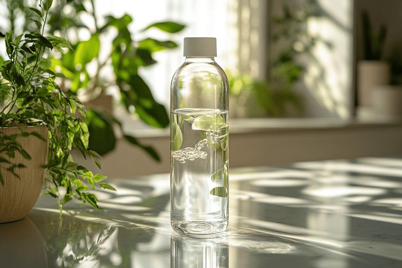 Bouteille en verre avec feuilles, sur table lumineuse