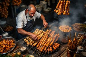 Vendeur préparant des brochettes grillées fumantes sur un étal