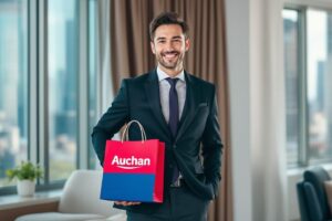 Employé souriant en costume tenant un sac Auchan dans un bureau