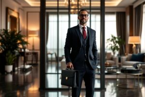 Professionnel en costume sombre dans un bureau moderne lumineux