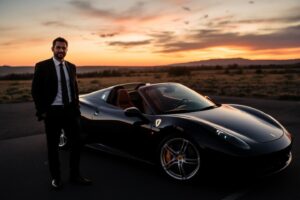 Voiture de luxe noire avec homme en costume au coucher de soleil
