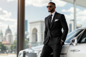 Homme en costume noir devant une voiture de luxe blanche