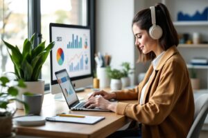 Femme travaillant sur des données SEO avec des écouteurs