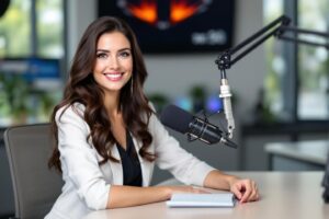 Femme en blazer blanc près d'un microphone de studio