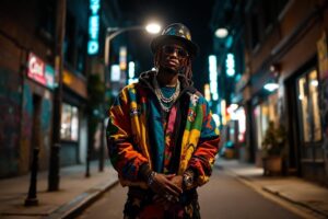 Musicien avec veste colorée posant dans une rue de nuit