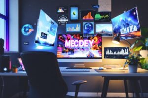 Espace de travail numérique avec écrans colorés et graphiques lumineux