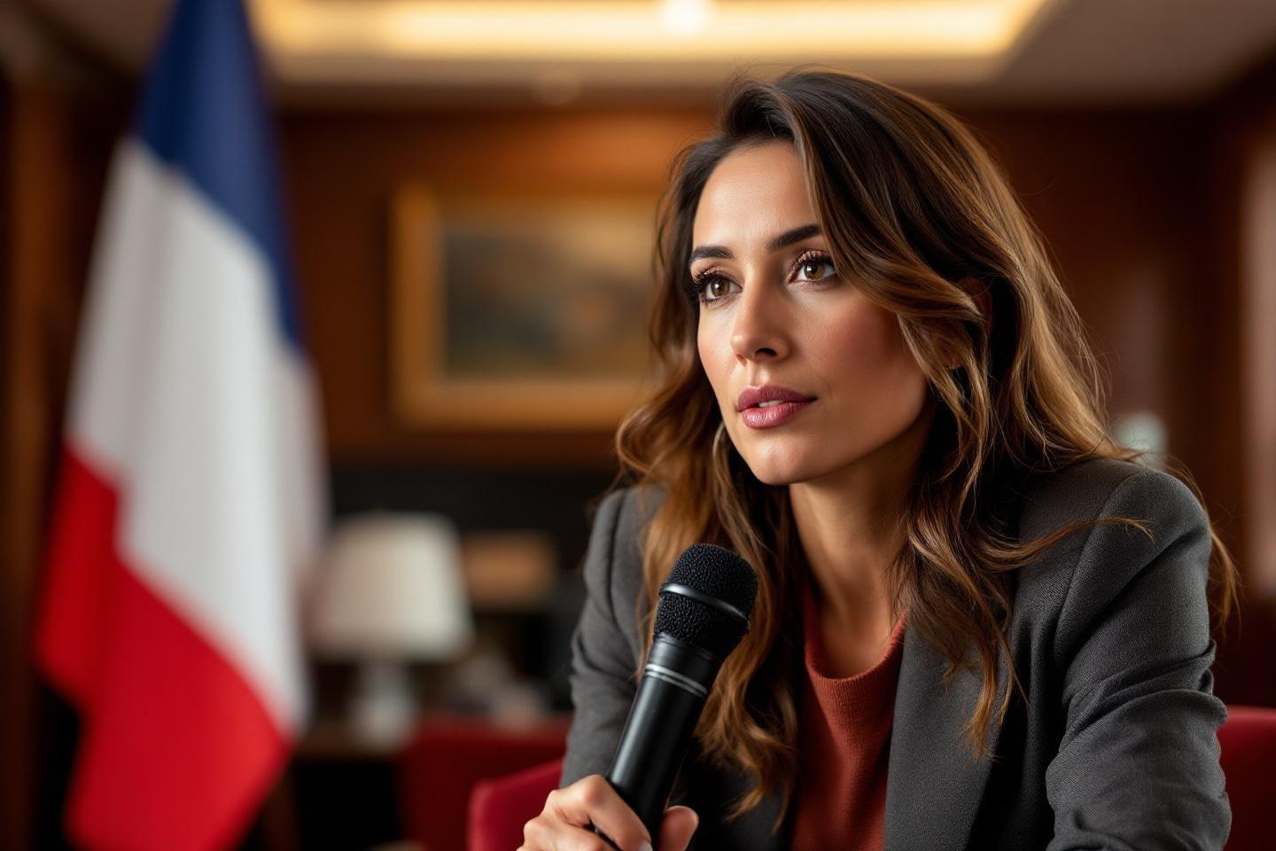 Femme avec micro devant le drapeau français