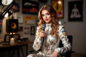 Femme en tenue blanche avec micro dans un studio