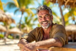 Homme âgé joyeux sous les palmiers, souriant largement