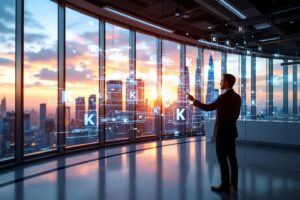 Homme d'affaires analysant des données numériques devant un panorama