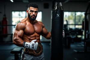 Athlète musclé avec gants de boxe près d'un sac de frappe