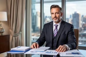 Homme d'affaires en costume assis près de fenêtre avec graphiques