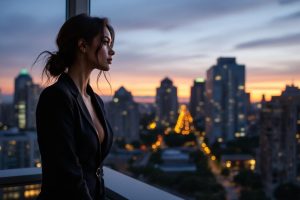 Femme en noir contemplant le panorama de la ville au coucher de soleil