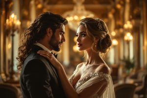 Jeunes mariés romantiques dans un intérieur doré et somptueux