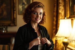 Femme souriante aux cheveux bouclés dans un salon vintage