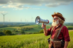 Vieil homme à chapeau avec mégaphone dans un champ verdoyant