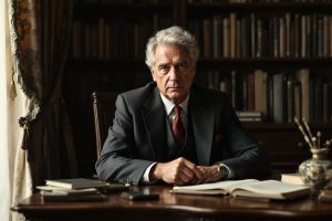 Homme âgé en costume assis à un bureau avec des livres