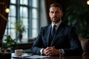 Homme en costume assis dans un bureau élégant