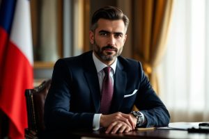 Homme en costume assis à un bureau avec drapeau