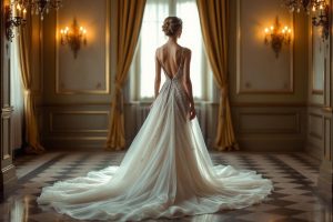 Robe de mariée blanche dans un salon doré et lumineux