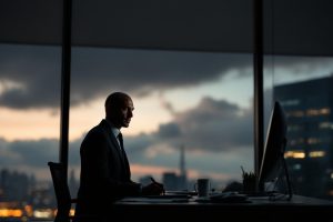 Silhouette d'un professionnel au bureau à la tombée du jour