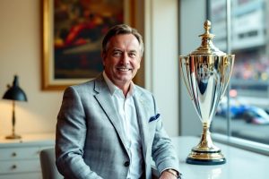 Homme d'affaires élégant posant près d'un grand trophée doré