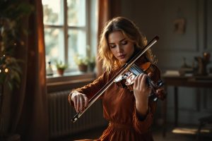 Femme en robe orange jouant du violon près d'une fenêtre