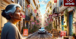 Une femme se tient dans une rue étroite avec des panneaux Airbnb.